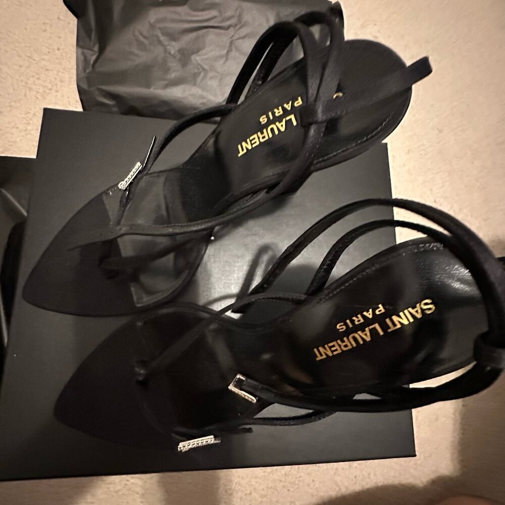 Saint Laurent “Nadja 105” Crepe Satin Sandals in Nero (Black), size 39.